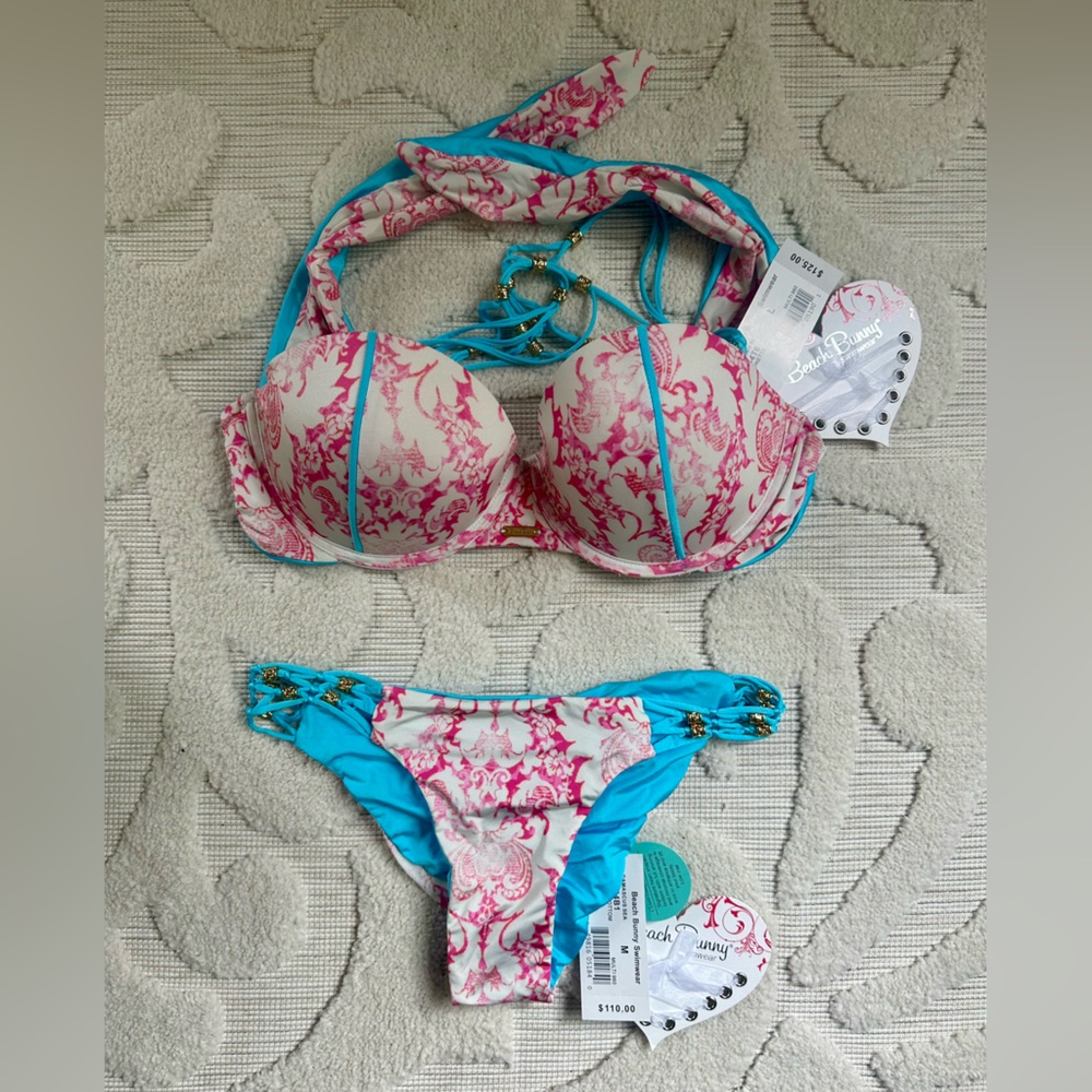 Beach Bunny Pink & Turquoise Bikini Top New w/Tags Top Only Size L Balconette - Picture 2 of 2